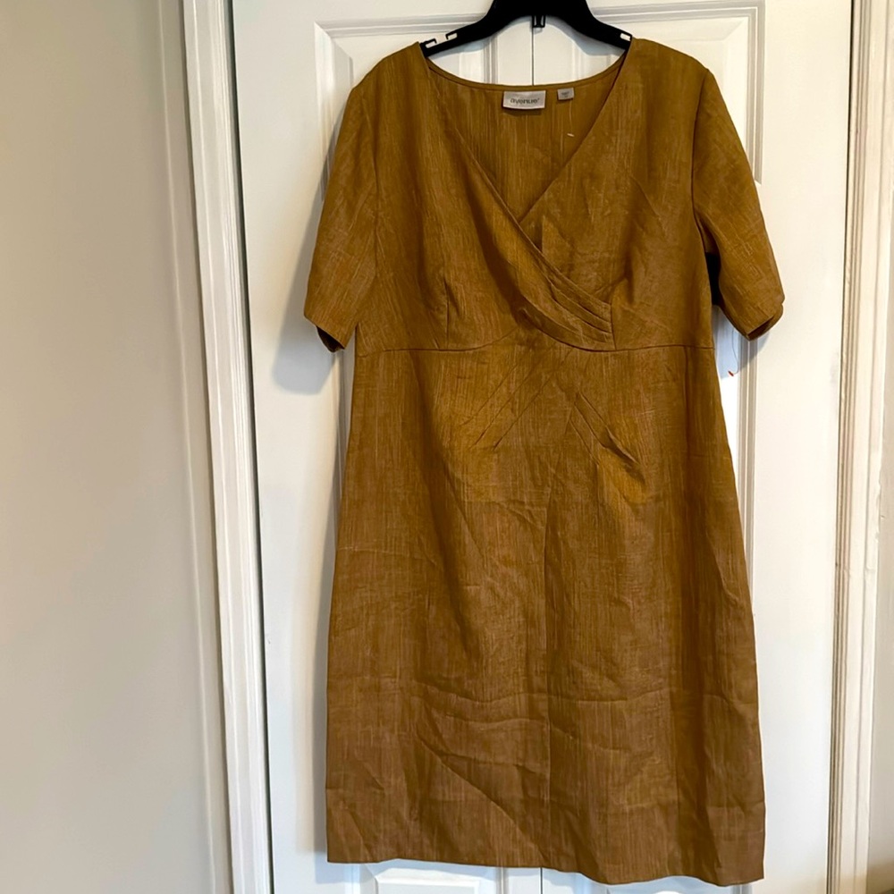 AVENUE Tan Sheath Dress w/Faux Wrap Detail at Front Top,  Plus Size 14
